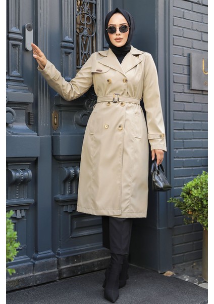 Kemerli Bej Tesettür Trençkot 60500BEJ