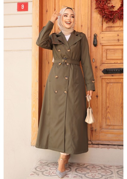 Kemerli Haki Tesettür Trençkot 61500HK modelleri