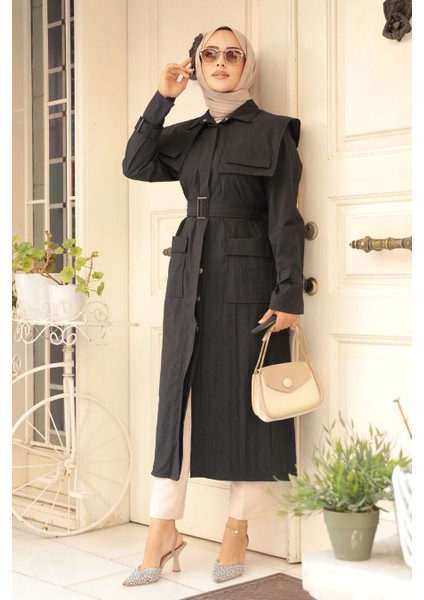 Gemici Yaka Detay Siyah Tesettür Trençkot 19023S