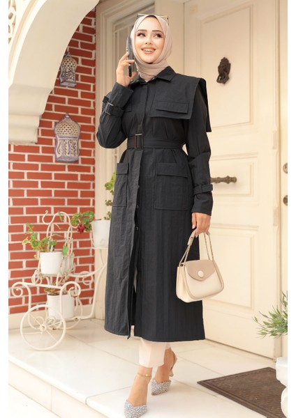 Gemici Yaka Detay Siyah Tesettür Trençkot 19023S fiyatları