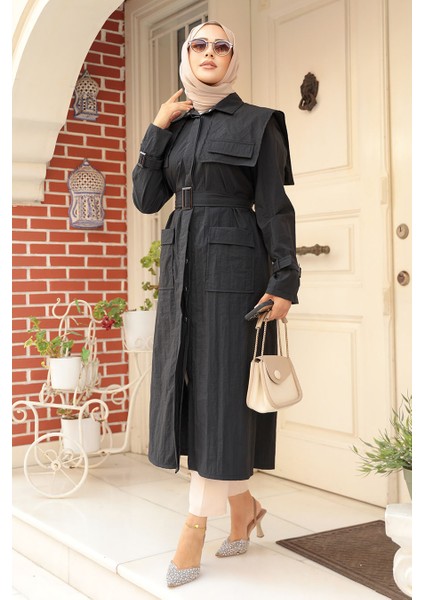 Gemici Yaka Detay Siyah Tesettür Trençkot 19023S modelleri
