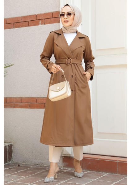 Tokalı Kemerli Taba Tesettür Trençkot 5942TB