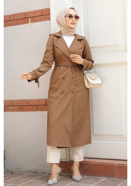 Tokalı Kemerli Taba Tesettür Trençkot 5942TB fiyatları