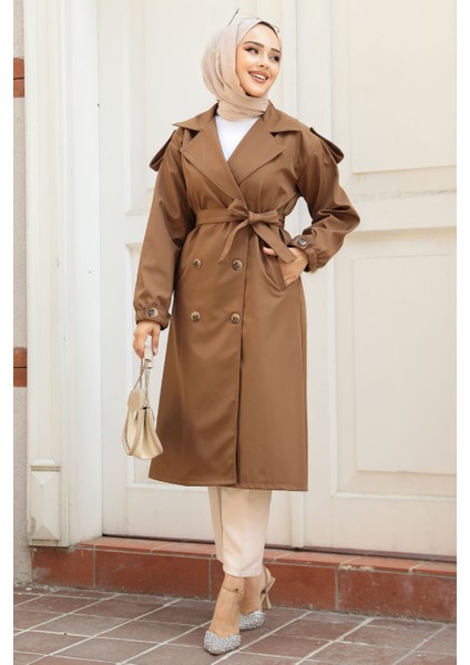 Düğmeli Taba Tesettür Trençkot 647TB