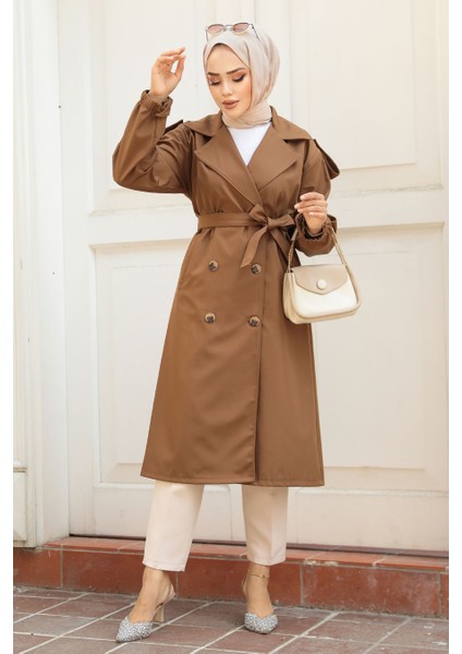 Düğmeli Taba Tesettür Trençkot 647TB fiyatları