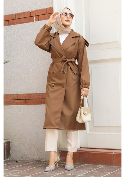 Düğmeli Taba Tesettür Trençkot 647TB modelleri