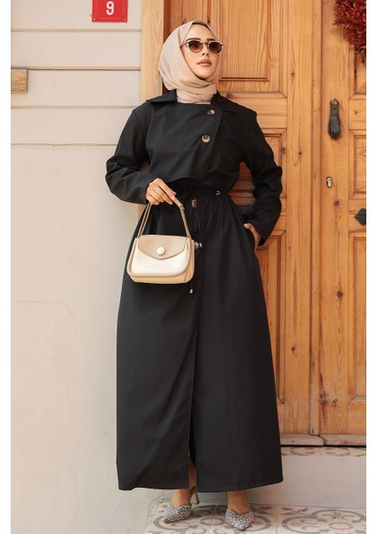 Düğmeli Siyah Tesettür Trençkot 684S