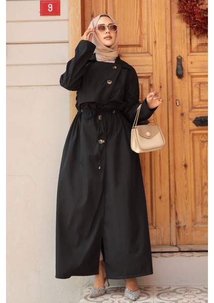 Düğmeli Siyah Tesettür Trençkot 684S fiyatları