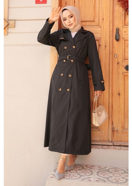 Kemerli Siyah Tesettür Trençkot 61500S fiyatları