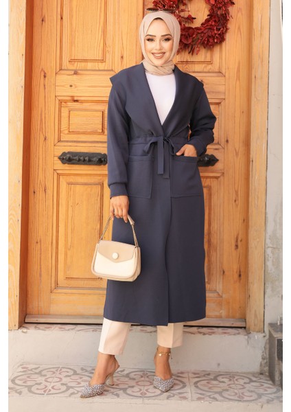 Şal Yaka Süet Lacivert Tesettür Kap 72112L