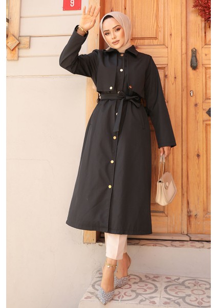 Düğmeli Siyah Tesettür Trençkot 62131S