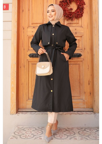 Düğmeli Siyah Tesettür Trençkot 62131S fiyatları