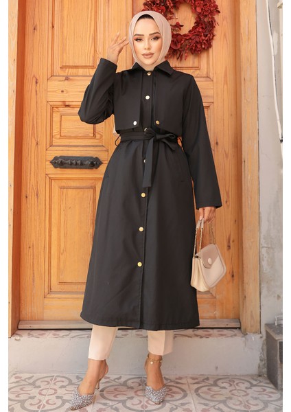 Düğmeli Siyah Tesettür Trençkot 62131S modelleri