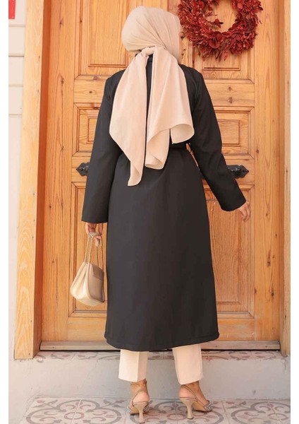 Düğmeli Siyah Tesettür Trençkot 62131S fırsatları