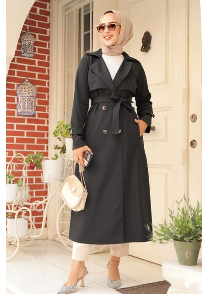 Düğmeli Siyah Tesettür Trençkot 6103S