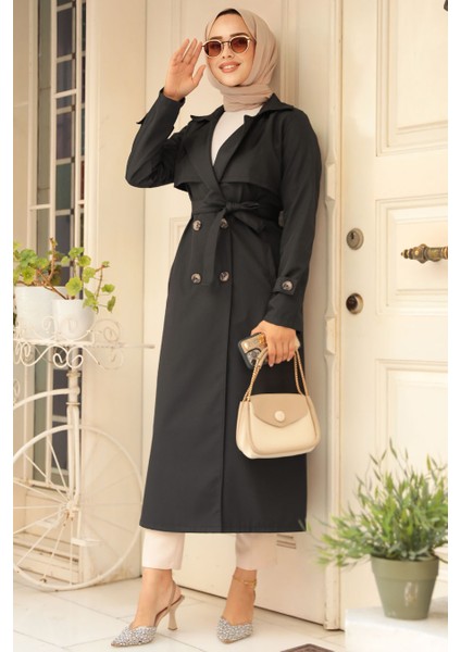 Düğmeli Siyah Tesettür Trençkot 6103S fiyatları
