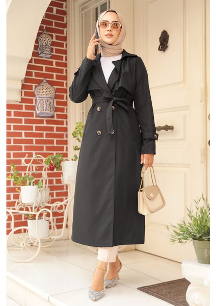Düğmeli Siyah Tesettür Trençkot 6103S modelleri