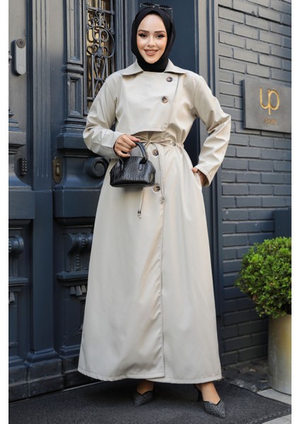 Düğmeli Bej Tesettür Trençkot 684BEJ