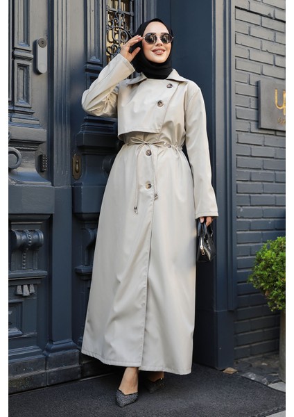 Düğmeli Bej Tesettür Trençkot 684BEJ fiyatları