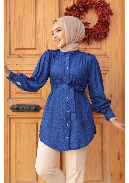 Neva Style Desenli Sax Mavisi Tesettür Tunik 92671SX