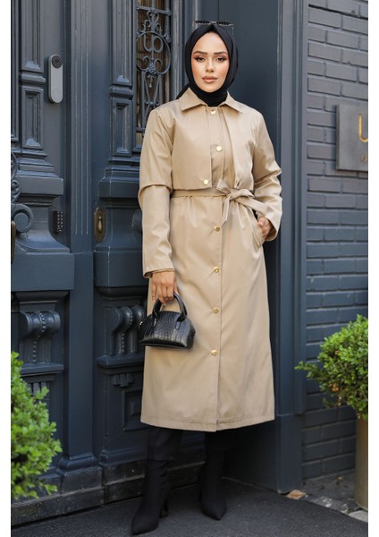Düğmeli Bej Tesettür Trençkot 62131BEJ
