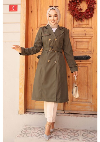 Kemerli Haki Tesettür Trençkot 60500HK