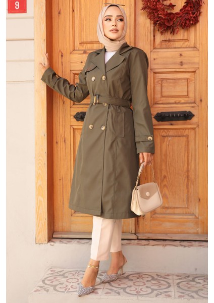 Kemerli Haki Tesettür Trençkot 60500HK fiyatları