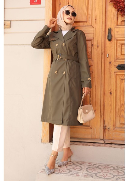 Kemerli Haki Tesettür Trençkot 60500HK modelleri