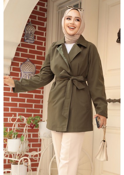 Düğmeli Haki Tesettür Kısa Trençkot 19024HK