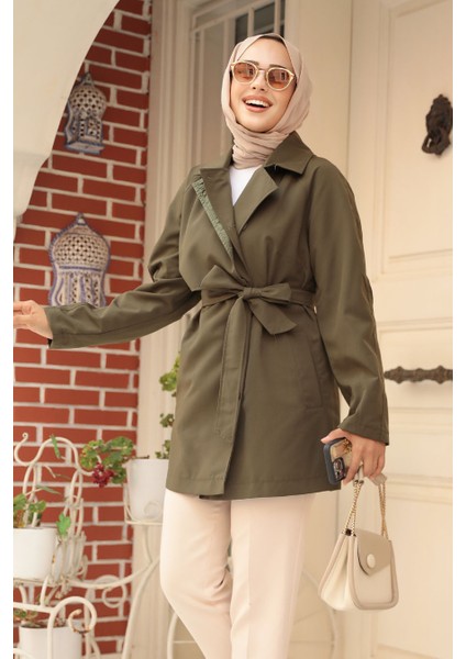 Düğmeli Haki Tesettür Kısa Trençkot 19024HK fiyatları