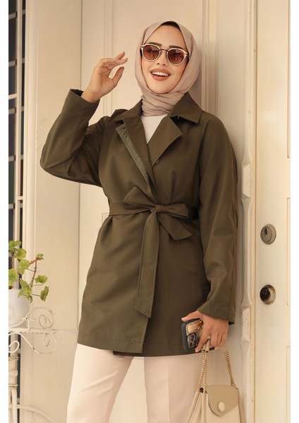 Düğmeli Haki Tesettür Kısa Trençkot 19024HK modelleri