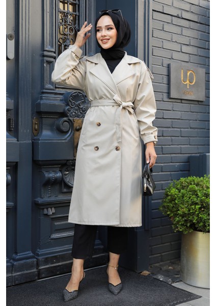 Düğmeli Bej Tesettür Trençkot 647BEJ