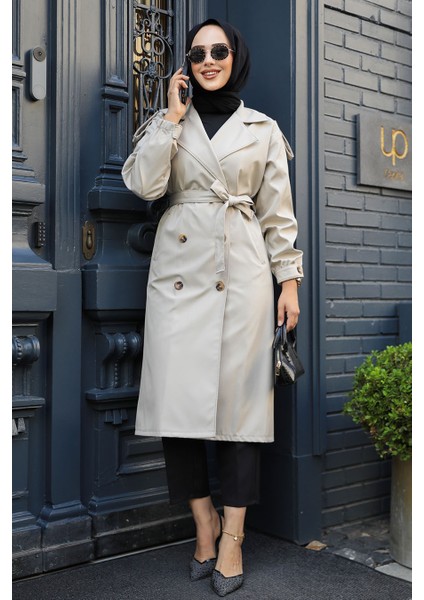 Düğmeli Bej Tesettür Trençkot 647BEJ fiyatları