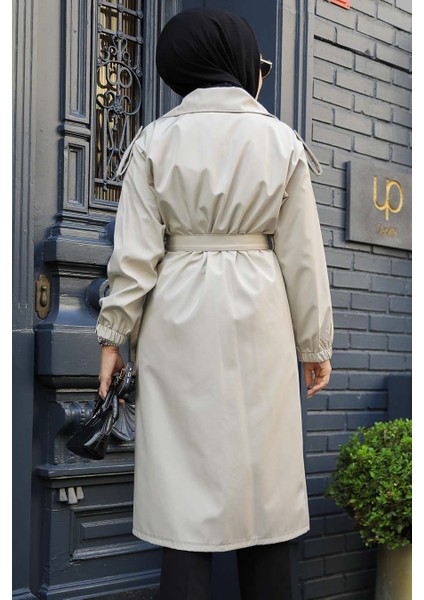 Düğmeli Bej Tesettür Trençkot 647BEJ modelleri