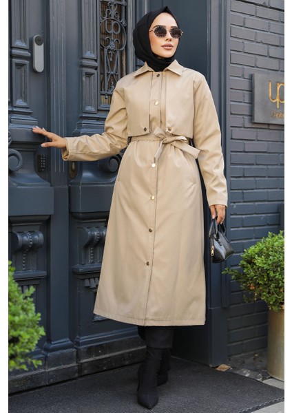 Düğmeli Bej Tesettür Trençkot 62131BEJ fiyatları