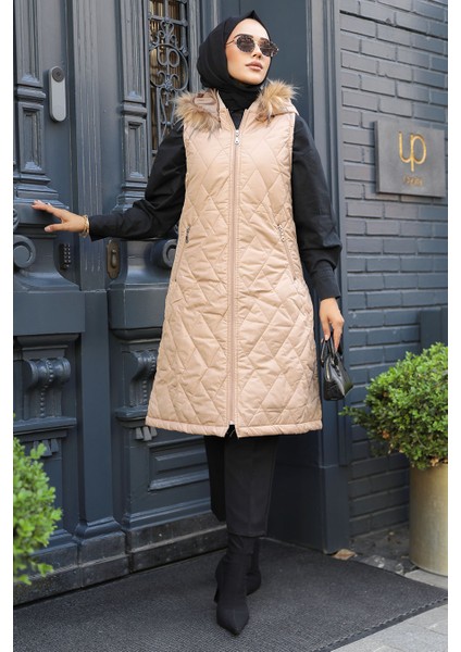 Kapşonlu Bisküvi Tesettür Şişme Yelek 80151BS