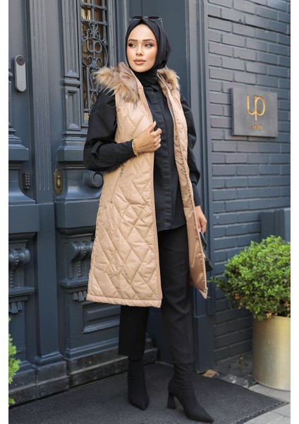 Kapşonlu Bisküvi Tesettür Şişme Yelek 80151BS fiyatları