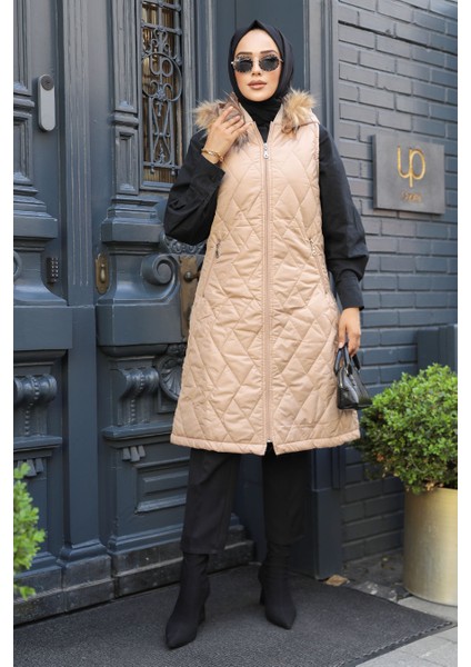 Kapşonlu Bisküvi Tesettür Şişme Yelek 80151BS modelleri