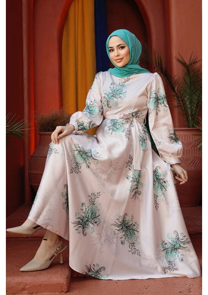 Çiçek Desenli Mint Tesettür Elbise 60911MINT