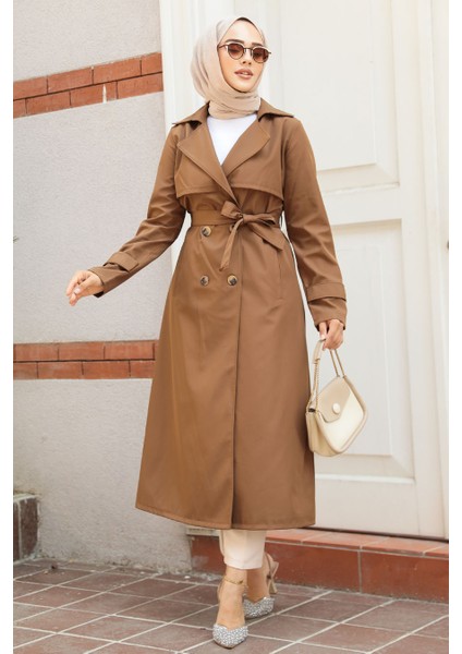 Düğmeli Taba Tesettür Trençkot 6103TB