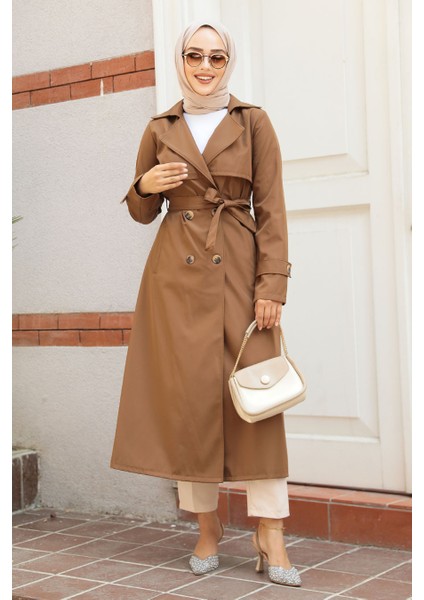Düğmeli Taba Tesettür Trençkot 6103TB fiyatları