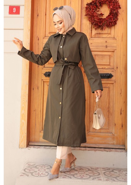Düğmeli Haki Tesettür Trençkot 62131HK
