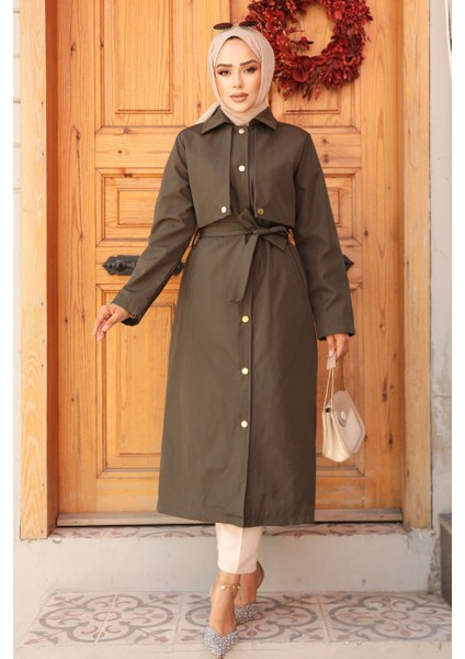 Düğmeli Haki Tesettür Trençkot 62131HK fiyatları