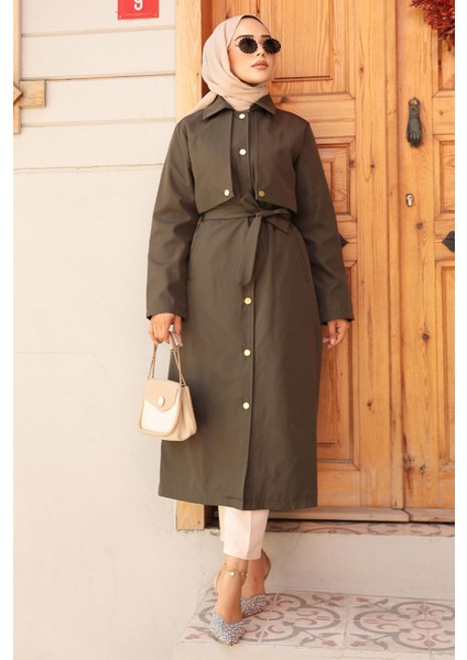 Düğmeli Haki Tesettür Trençkot 62131HK modelleri