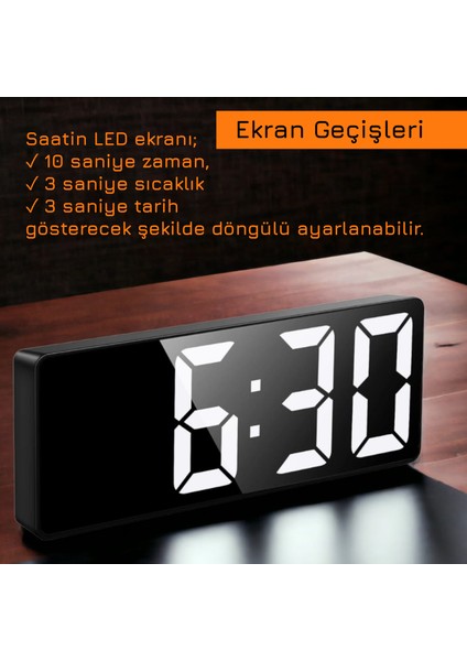 Hd LED Ekranlı Aynalı Tarih Termometre Alarm Hediyelik Dijital Masa Saati