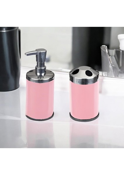 Paslanmaz Set Üstü Sıvı Sabunluk ve Diş Fırçalık Set Pembe