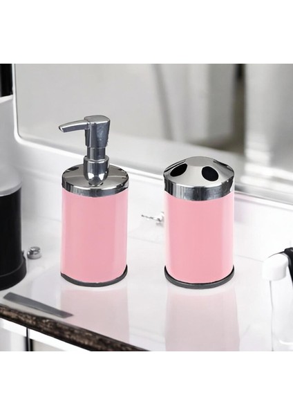 Paslanmaz Set Üstü Sıvı Sabunluk ve Diş Fırçalık Set Pembe