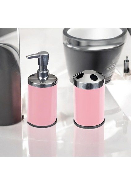 Paslanmaz Set Üstü Sıvı Sabunluk ve Diş Fırçalık Set Pembe