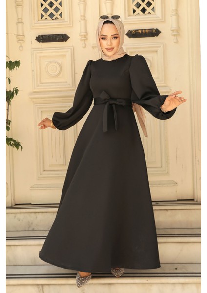 Kemerli Siyah Tesettür Elbise 23102S