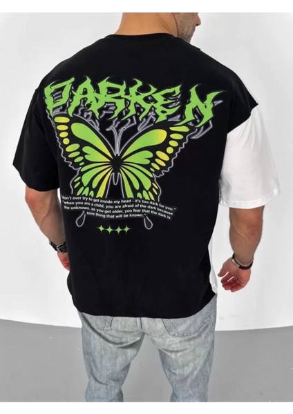 Unisex Bisiklet Yaka Baskılı Oversize T-Shirt - Beyaz